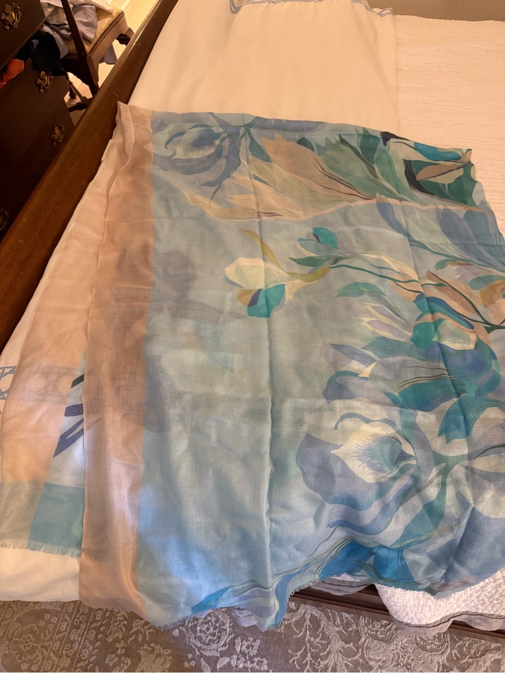 Floral Sheer Scarf in Blue and Cream